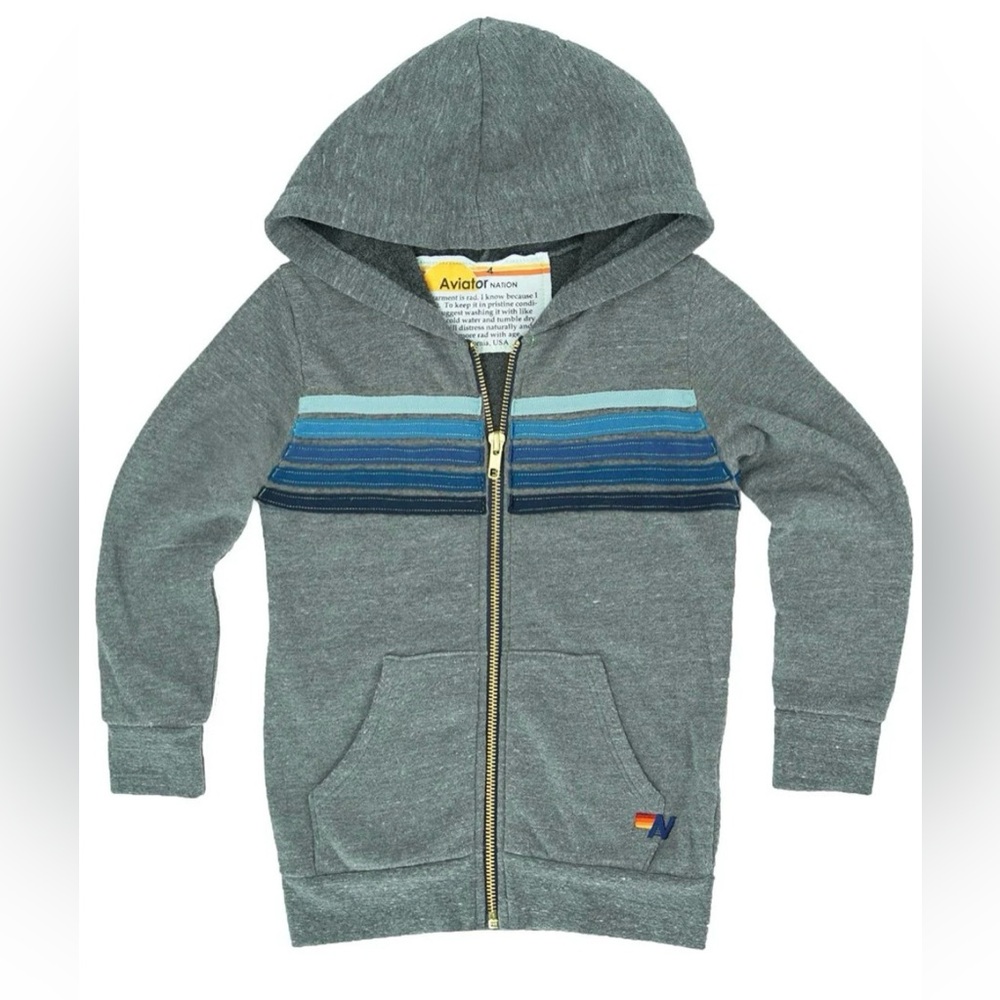 AVIATOR NATION KIDS STRIPE HOODIE - GREY // BLUE STRIPES // SIZE 8